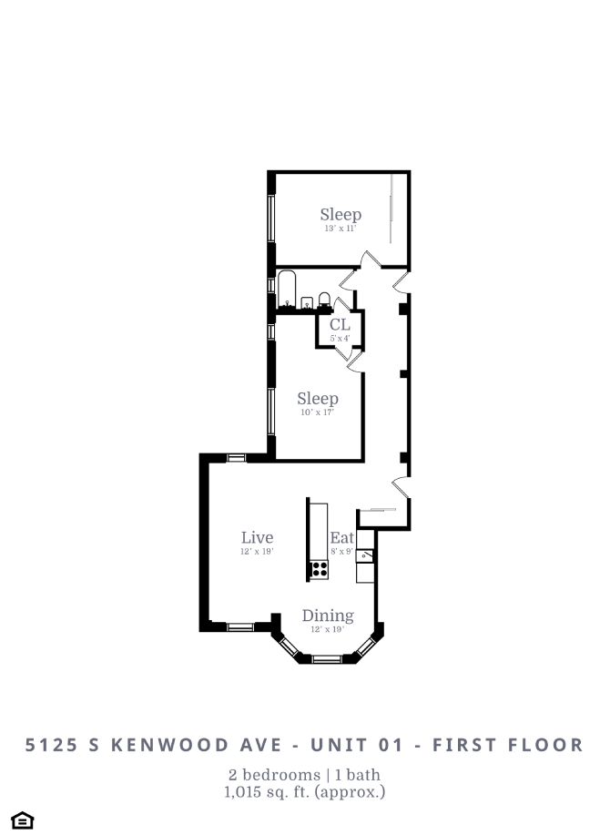 Floor plan for 2 beds, 1 bath, 1015 sqft